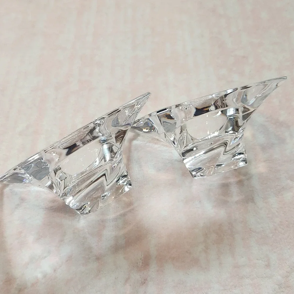 Nambe Crystal Square Swirl Taper Candle Holders Set of 2‎ Clear Glass MCM Style